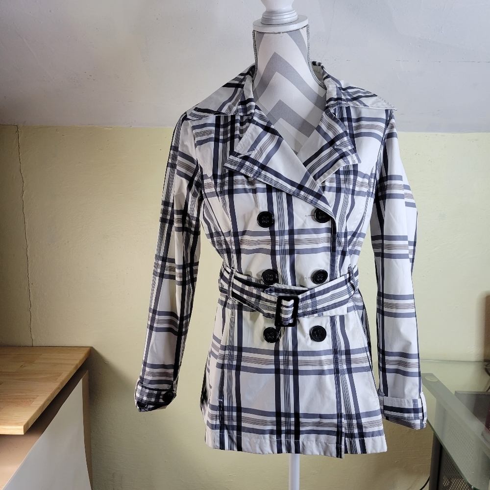 Womans Weather Tamer Short Trench Coat Black/gray/white Size Small